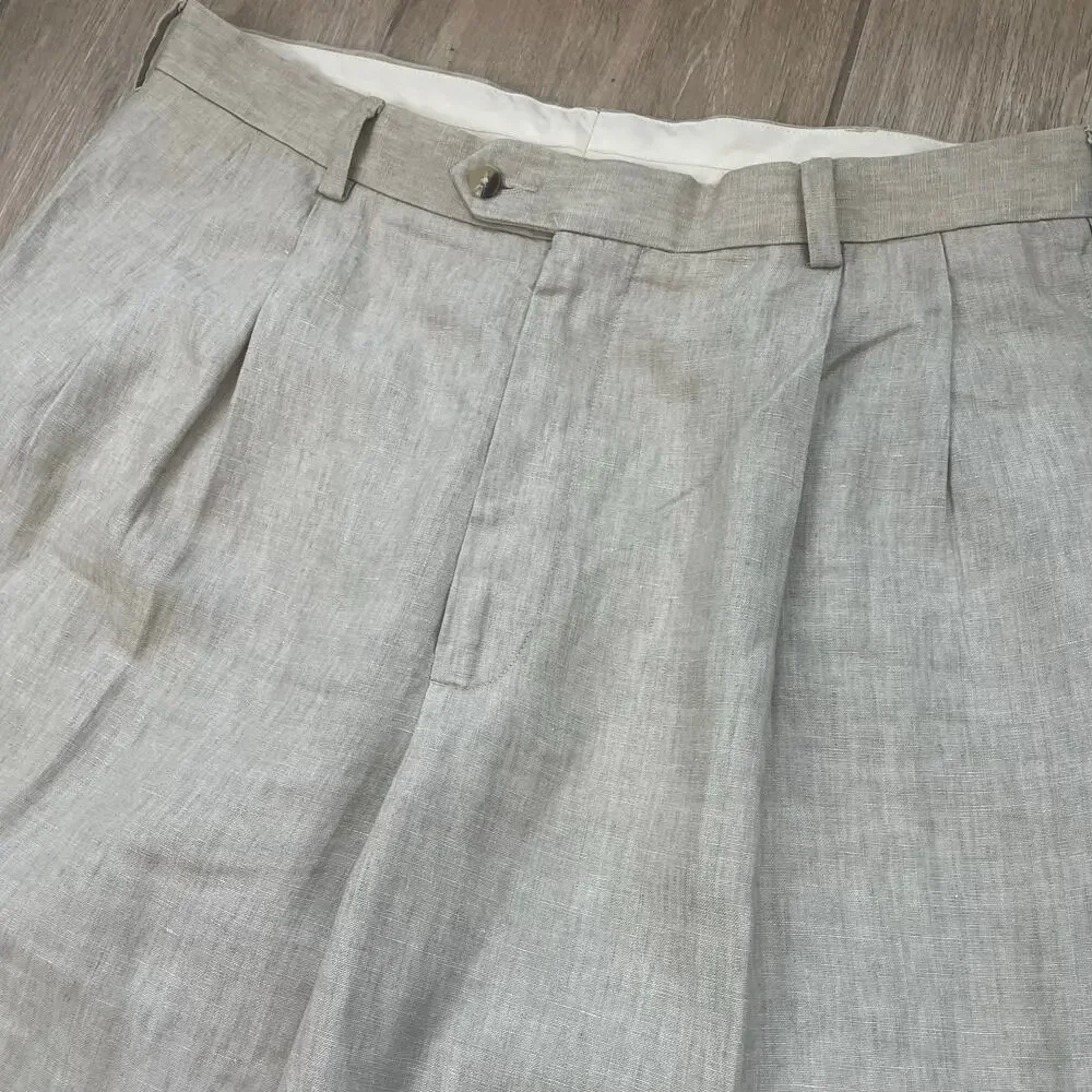 Jos A Bank Linen Pants Mens 36x32 Beige Pleated Cuffed Dress Trousers 100 Linen
